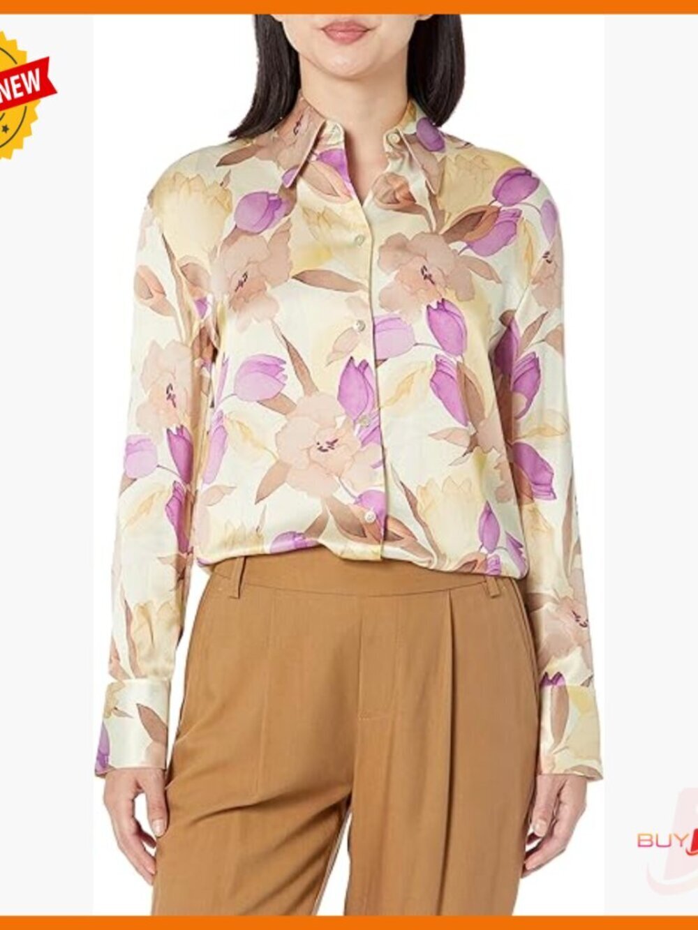 Silk Long Sleeve Relaxed Fit Button Down Shirt Floral Pattern
